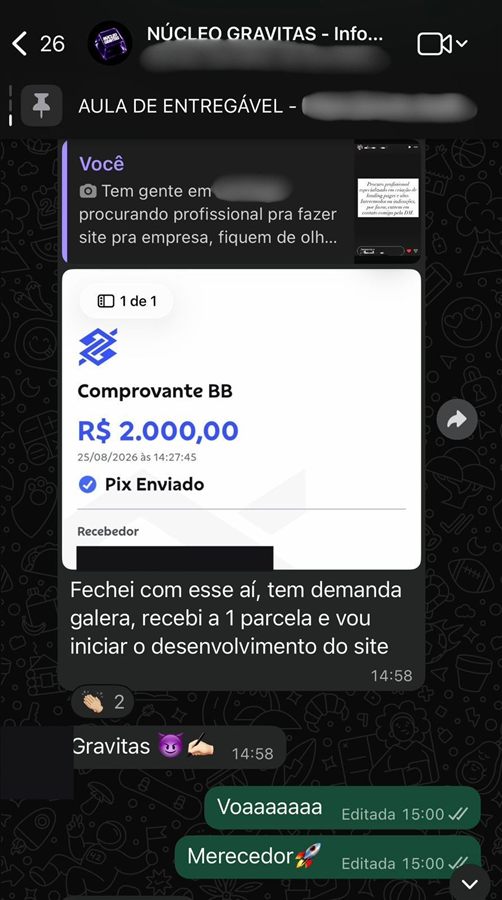 Comprovante de pagamento pela venda de um site