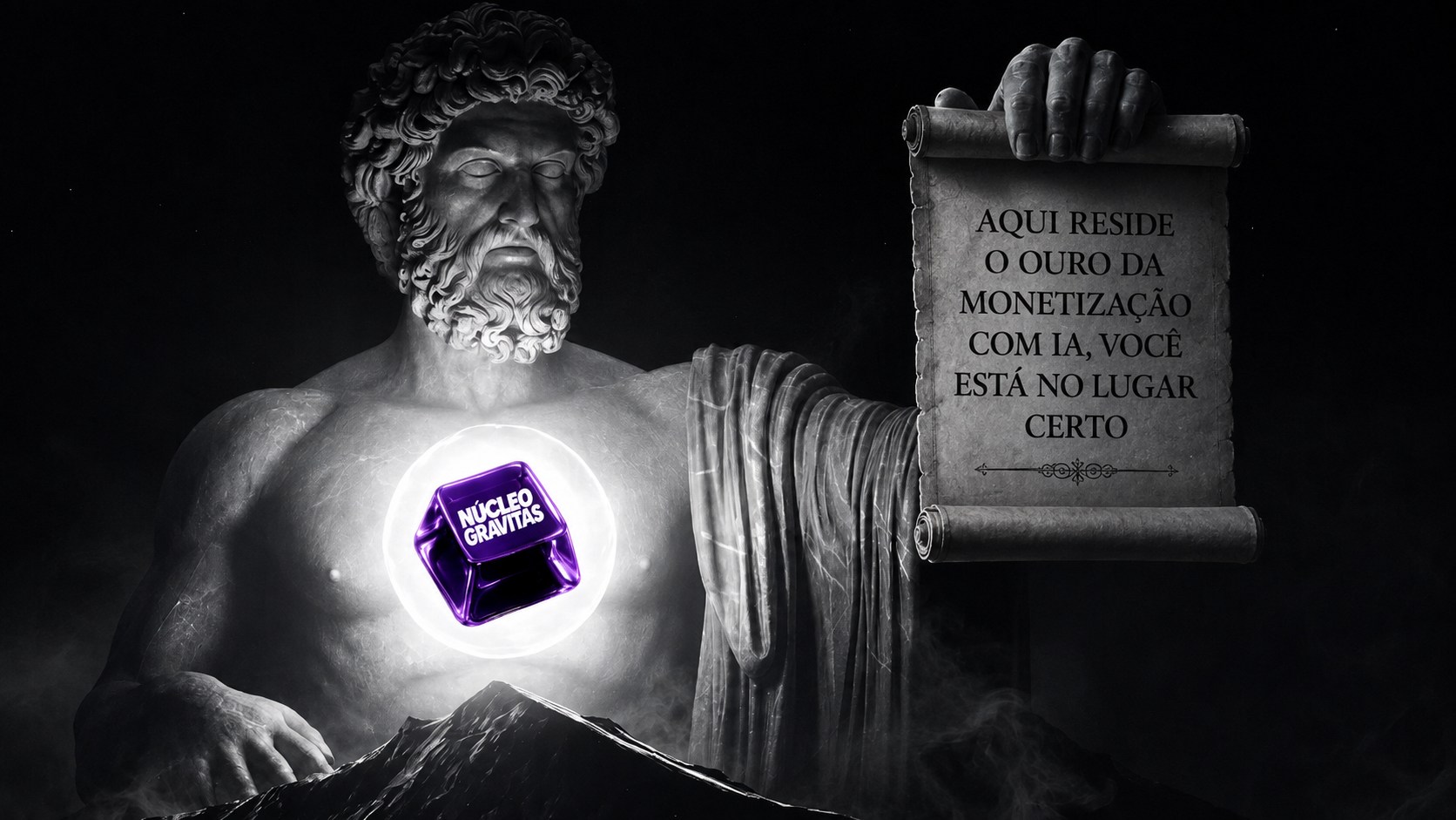Estátua clássica com o ícone do Núcleo Gravitas brilhando no peito, segurando um pergaminho que diz: aqui reside o ouro da monetização com IA, você está no lugar certo